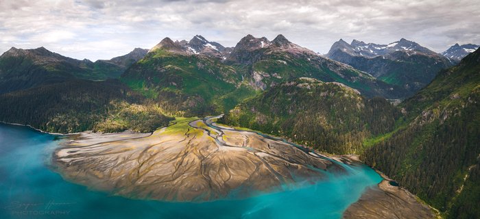 Aerial view of the Taylor River delta which dominates the head of Taylor Bay. The Tutka Backdoor Trail begins just off the bottom right corner of this image. Thanks <a href="https://www.sergiushannan.com/">Sergius Hannan</a> for sharing this photo with Ground Truth Alaska.