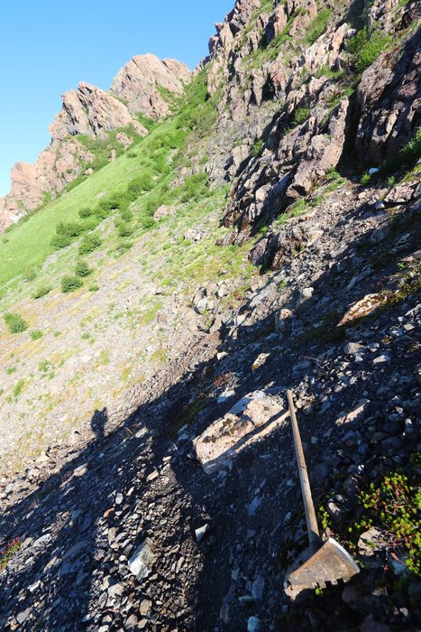 This section of steep traverse accumulates avalanche snow that makes passage difficult, and avalanches also degrade the tread.