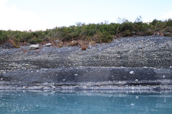 This eroded shoreline exposes layers of sediment, including what may be old outwash deposits at the very bottom, a layer of moraine just above that which likely corresponds to the "little ice age," and finally glacial outwash sediment at the top.