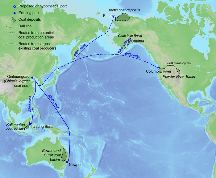 Though Alaska's Arctic may seem far from everywhere, it's closer to Asian coal markets in China, Japan, and Korea than Australia or the Powder River Basin (PRB) in the US. Indonesia is currently the largest exporter of coal to China, presumably because of its proximity, but its reserves are far smaller than those in the US.  The PRB is aggressively seeking to expand its export capabilities by building a new port in Washington or Oregon.  Currently Alaska lacks the infrastructure to be a serious competitor in this market, but a proposed mine-mouth port at Chuitna on Cook Inlet could change that.  Further in the future, a deepwater port in the Arctic could open access to a coal deposit about four times larger than the PRB.