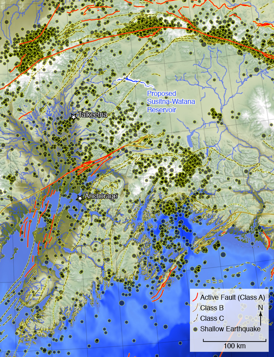 Faults and shallow earthquakes in the region surrounding this proposed Susitna-Watana hydroelectric reservoir.