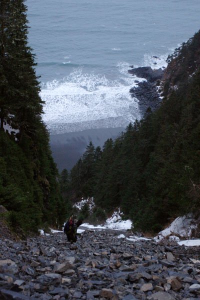 Descending the chute to Gore Point beach