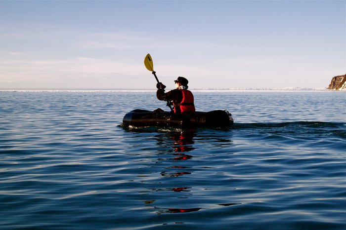Warm February packraft in Kachemak Bay with ice.