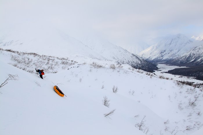 Packrafts worked fairly well as sleds most of the time, but nothing works well being dragged up steep and gullied hillsides.
