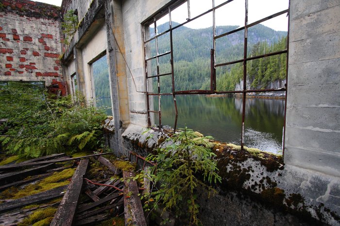 An old roofless mine structure at the head of Surf Inlet on Princess Royal Island.