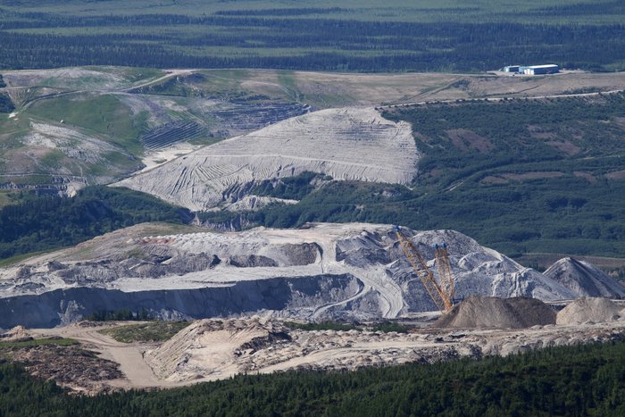 The two largest of <a href="/Issues/AlaskaCoal/UsibelliCoalMine.html">Usibelli coal mines</a>, active Two Bull Ridge in the foreground, and partially reclaimed and inactive Poker Flats in the background.
