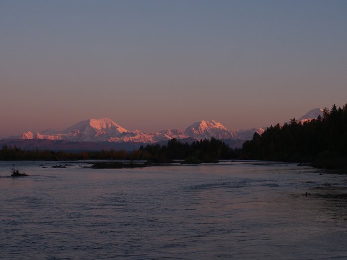 Alaska Range glowing at morning start of the last leg