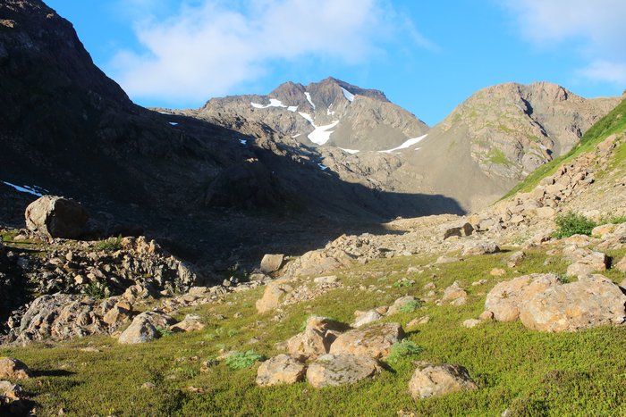 This bowl on the south side of the Kenai Peninsula still holds small remnant glaciers - a faint memory of the larger glacier that once carved it.