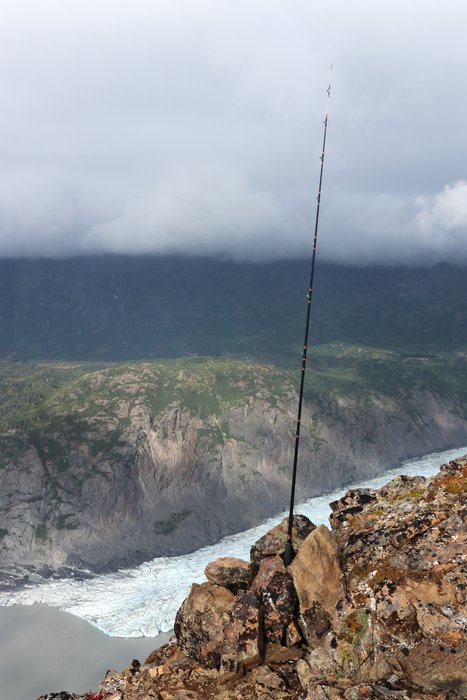 Somebody planted this fishing pole on a steep ridge high above Grewingk Lake. I wonder why?