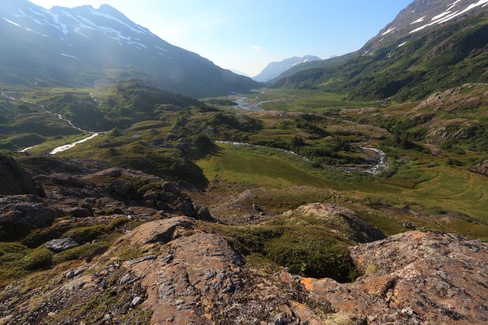Looking down across the pair of alpine valleys in upper Tutka