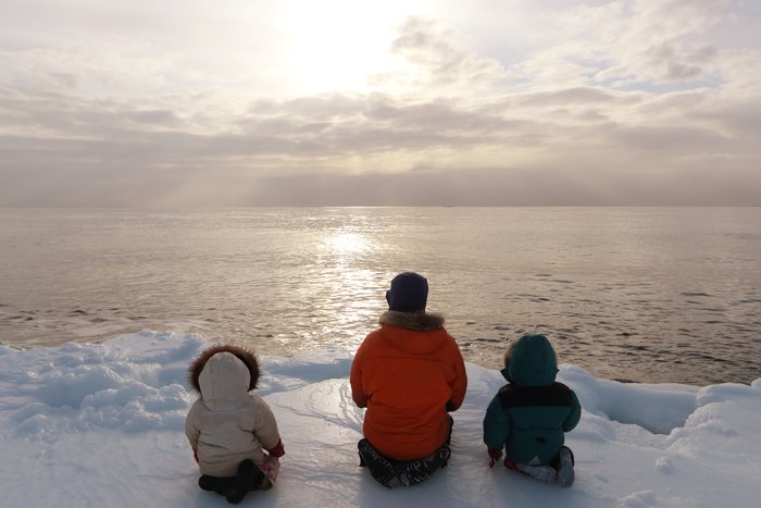 Wind from the York Mountains keeps this patch of ocean open all winter long. We listened to whales.