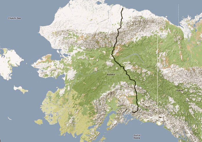 Map of bike tour route from north to south. We started in Deadhorse and followed the Dalton Highway to the Elliot, then the Steese and ultimately the Richardson Highway to Valdez. This route includes three mountain passes over the Brooks, Alaska and Chugach Ranges and is approximately 900 miles long.