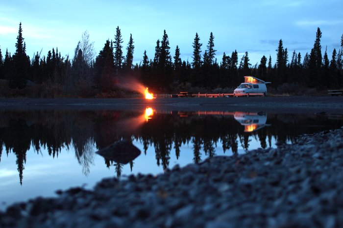 A fire for warmth on a cold evening car-camping.