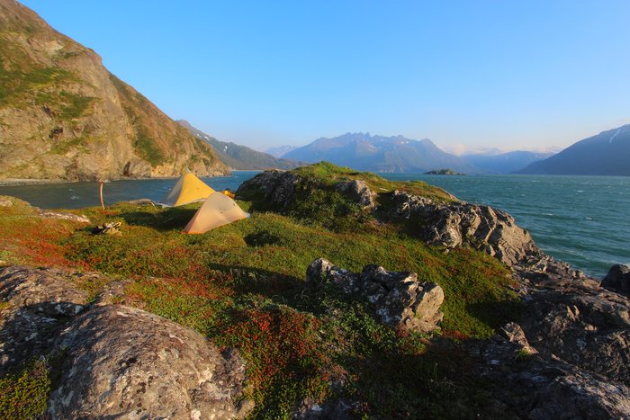 Our tents on a wind-battered knob near Iliamna Bay