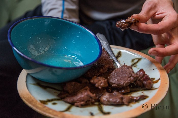 Bjørn and Kim were treated to many traditional foods on their fat-bike to the arctic trip. Here they are enjoying a meal of caribou and seal oil.