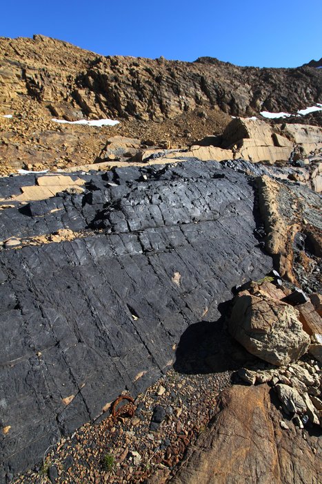 This black chrome oxide mineral outcrops in prominent seams on Red Mountain, near Seldovia, Alaska.