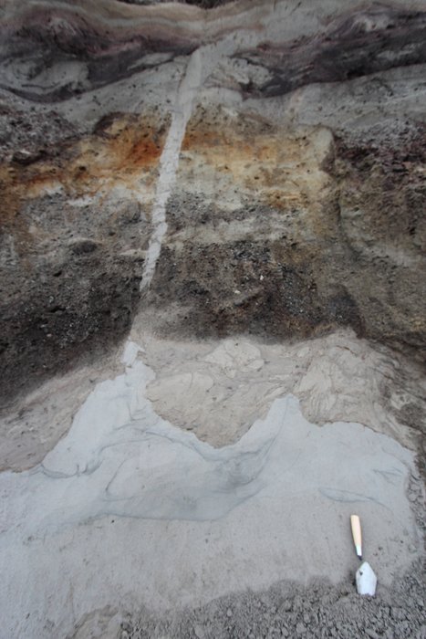 Silty sand flowed up through a crack in overlying beach gravel.