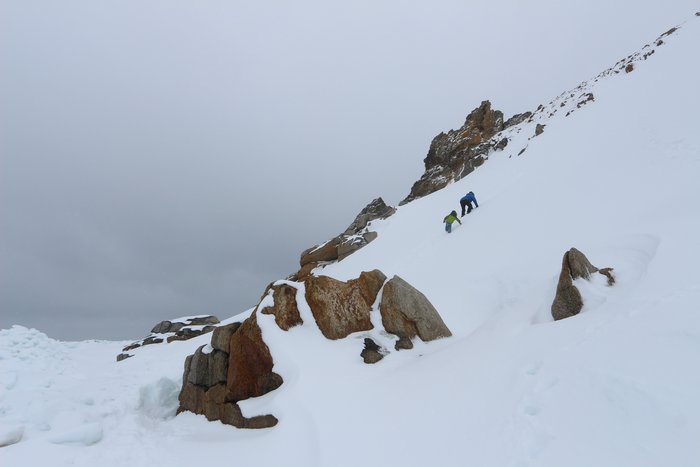 Erin and Katmai climbed up to look out over the sea ice - and for the butt-slide down!
