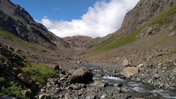 From the south side, the climb to Tutka Pass is bouldery, but overall pretty easy off-trail hiking.