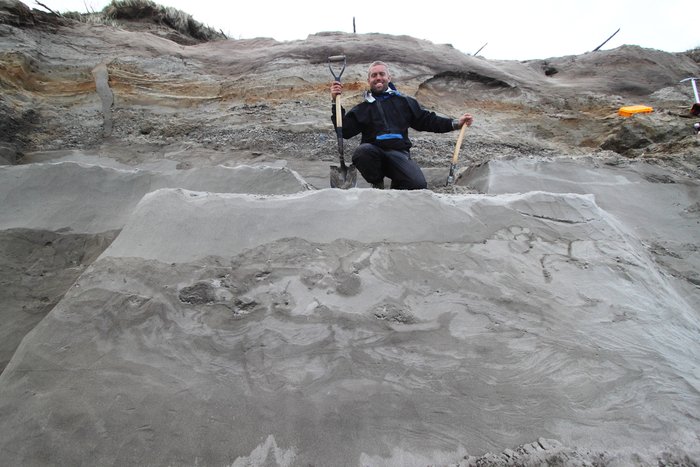 Andrew and I excavated and cleaned a large area to show the sedimentary structures in this eroding bluff.