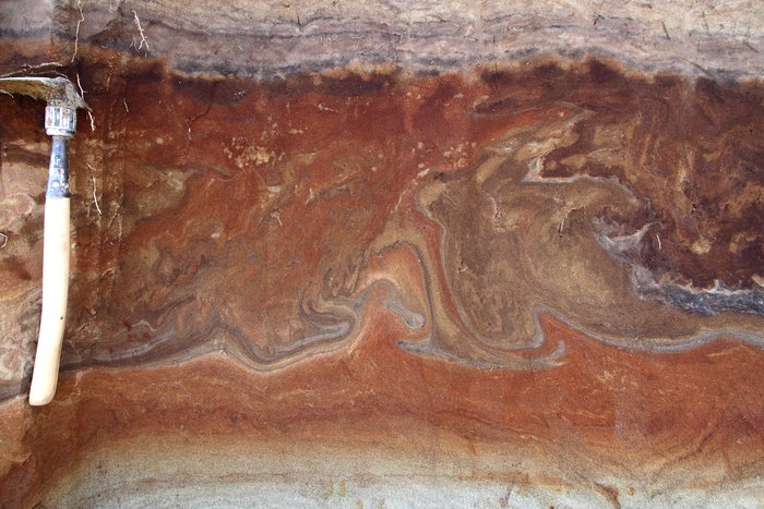 Also known as periglacial processes, ice in soil can lead to dramatic warping and mixing of sediment layers.