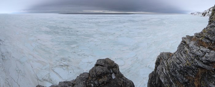 During the winter, you can tell where there's open water even if it's over the horizon because the sky is darker. In this view from a cliff you can see the effect - dark sky over the water, bright sky over the snowy ice.