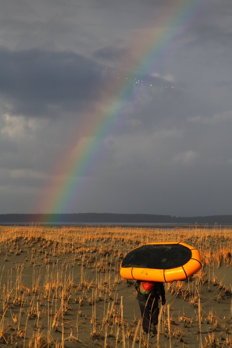 In a <a href="http://www.groundtruthtrekking.org/Journeys/WildCoast.html">gap between the storms</a>, we ferried the packrafts towards a Dry Bay crossing.