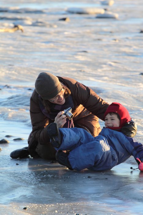 The beach is coated in ice.
