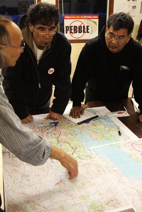 Native elders from Nondalton and Dillingham discuss areas where they hunt for caribou.