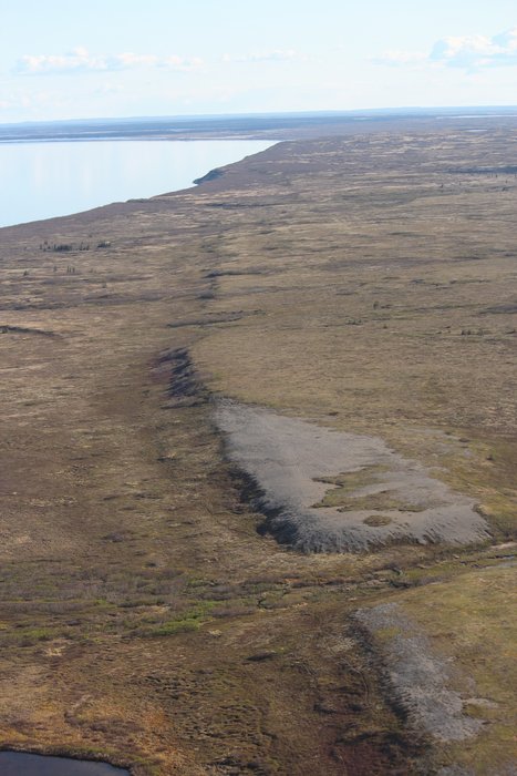 Thousands of years ago a higher shore on Lake Iliamna eroded this long bank.
