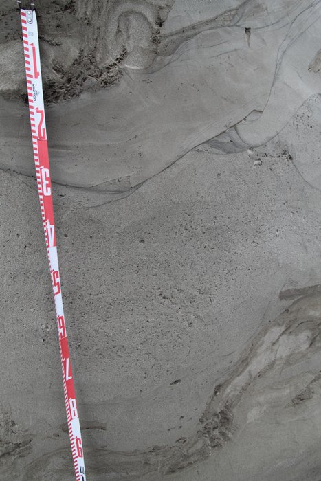 This photo shows a section over a meter thick that appears to have been homogenized by liquefaction.