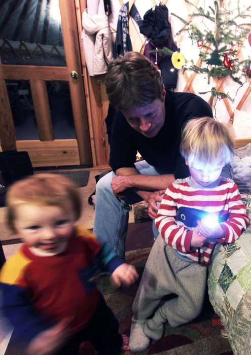 Katmai examines an LED flashlight.