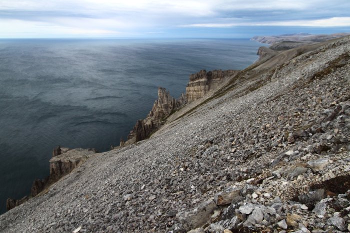Gusts boiling down off these high cliffs paint moving lines on the ocean.