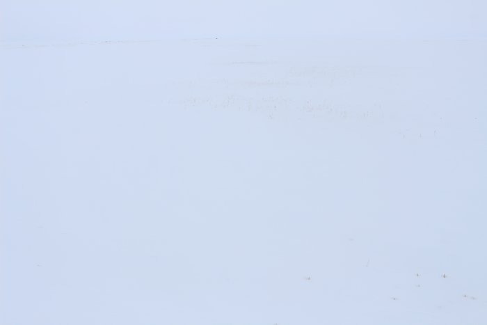 Low clouds and a snowy landscape makes it nearly impossible to see variation in the snow surface.  A little grass, a distant cabin, and some dirty ice jumbles break the smooth white.