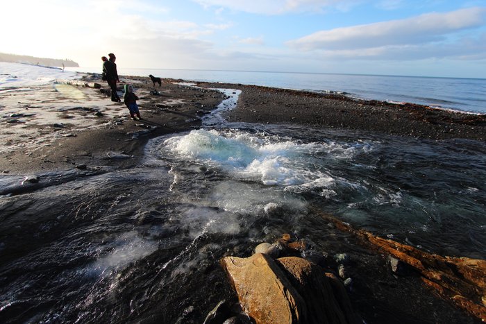 Roiling water surges up and flows into the waiting tide.