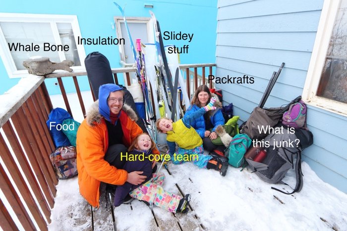  us and all our stuff on a porch in Nome, ready for our journey (we hope)