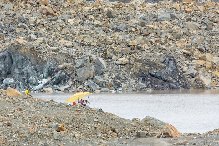 The marine survey crew works from the Western shore of Taan Fjord, near the glacier snout, atop landslide debris. Over the course of a week, the marine survey team mapped several shallow-water locations but most importantly near Taan Glacier, where the landslide occurred. 