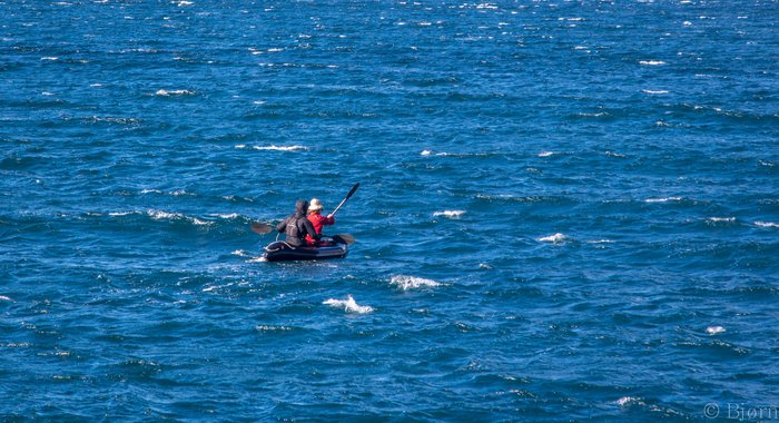 Bjørn and Hig paddle into a strong headwind and find that the Gnu works well in the context. 