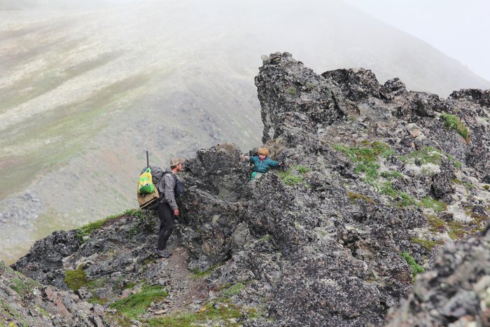 Lituya negotiates a challenging part of Grace Ridge, with dad spotting.
