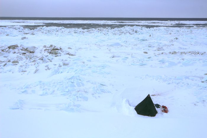 We camped out on Cape Mountain (Cape Prince of Wales) near the tip of the Seward Peninsula.  This camp is on the continental divide - Arctic Ocean to the right Pacific Ocean to the left.