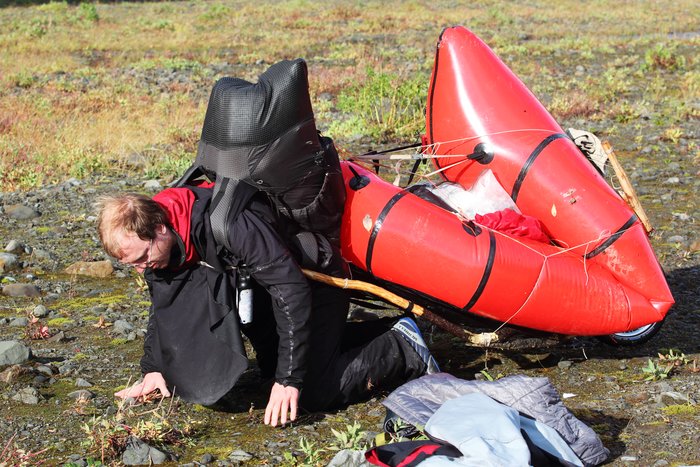Here Hig is trying to combine a heavy pack with a rickshaw to carry well over 100 lbs of gear.  It didn't go well.
