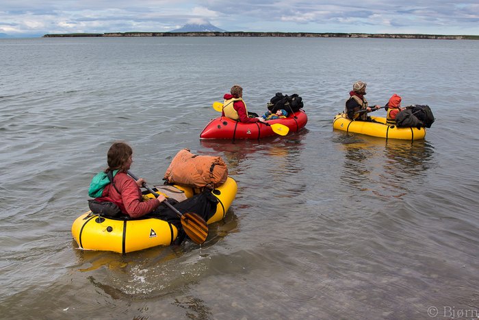 The family nears a channel of the Douglas River in Kamishak Bay.