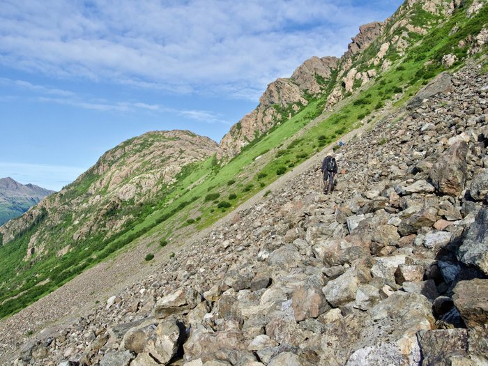 This traverse into a high pass near Taylor Bay now has a nice trail tread on it.