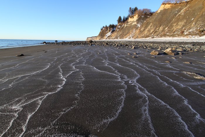 The traces of waves in the dropping tide, frozen in the sand.