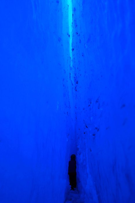 We explored the caves in the face of Grewingk Glacier, and one lead into this narrow crevasse. This was Katmai's favorite place we went to - he squeezed way back in until his helmet was too wide to fit further.