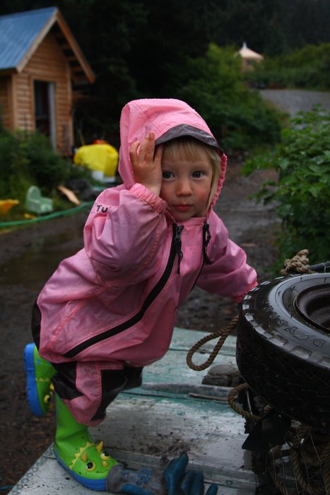 Testing the Muddy Buddy suit on a rainy August day