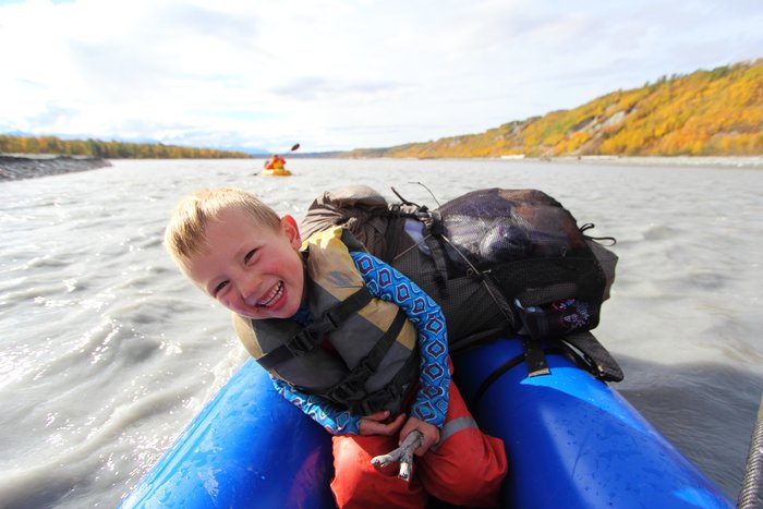 Katmai rides with Dad down the Matanuska River.