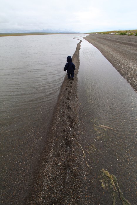 A narrow spit lines the edge of a lagoon along the Chukchi coast
