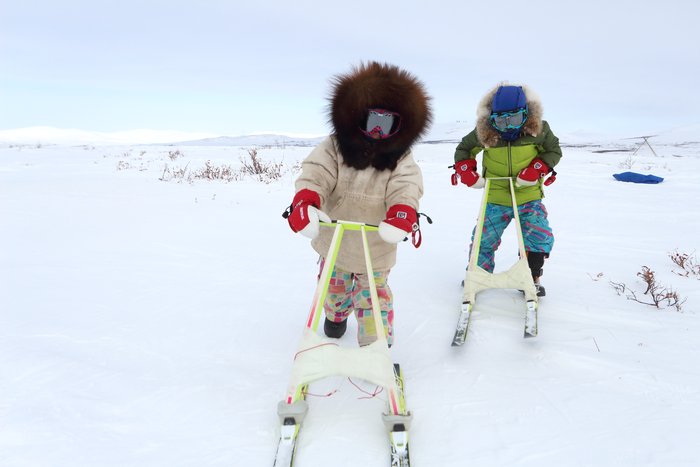 Katmai and Lituya on their kicksleds.