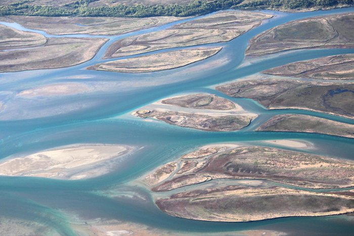 A network of channels between islands along the Kvichak River.
